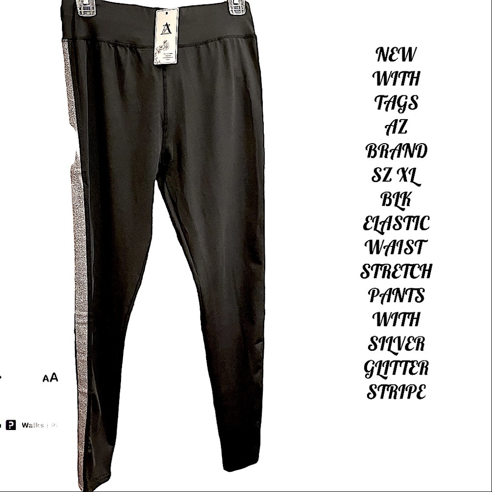 NWT SZ L/XL YOGA PANTS/LEGGINGS BLACK WITH SILVER GLITTERY RACING STRIPE ON SIDE